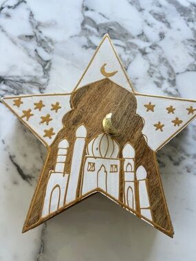 Eid Wooden StarDecor with Mosque Motif - White & Natural Wood